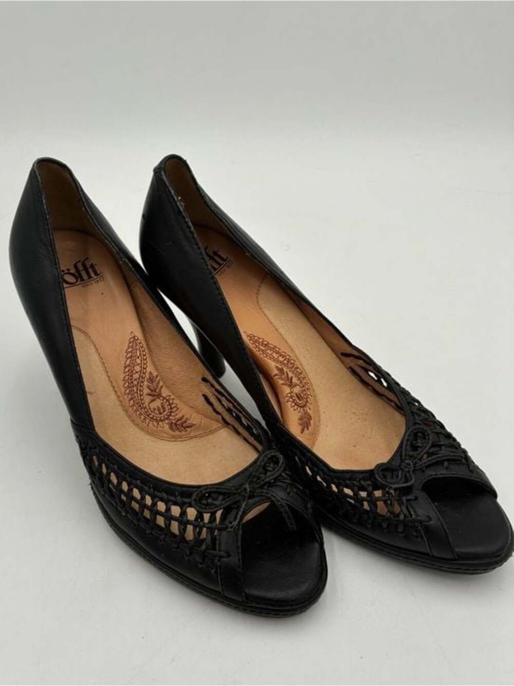 Sofft Black Leather Woven Peep-Toe Heels